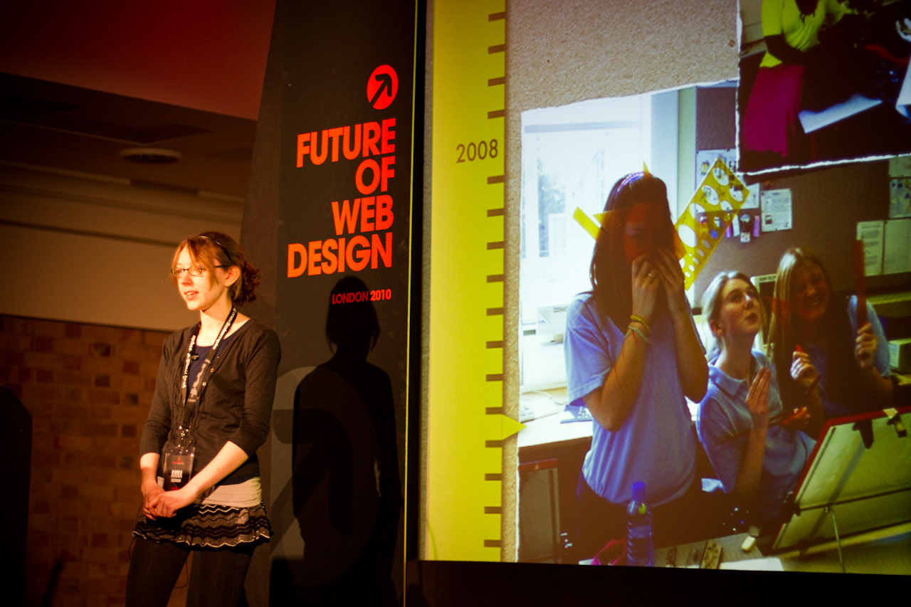 Photo of me talking at Future of Web Design
