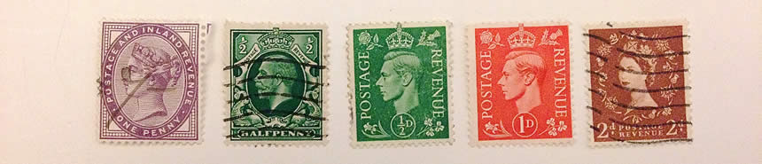 A photo of 5 stamps from the United Kingdom