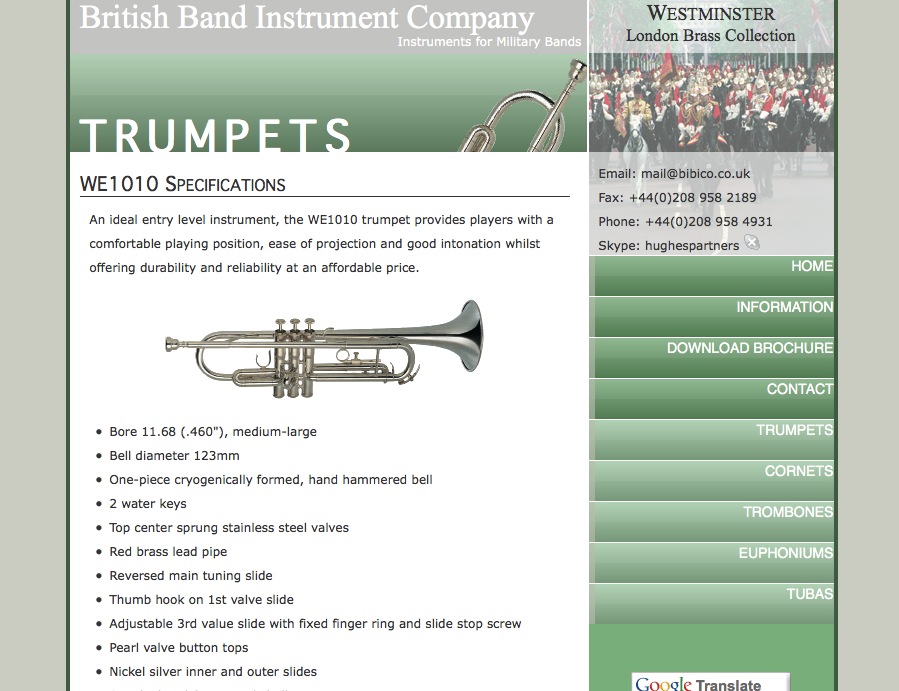 Screenshot of the British Band Instrument Company website