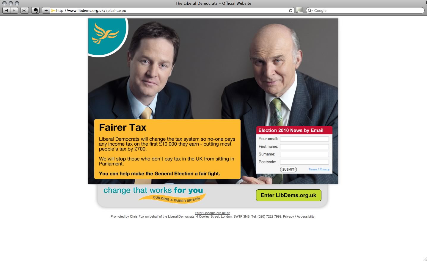 Liberal Democrat party splashpage screenshot