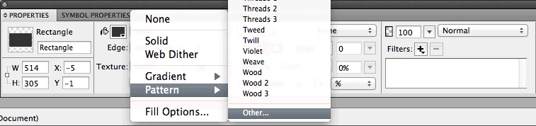Screenshot in Fireworks of the Properties panel, with the patterns menu open.