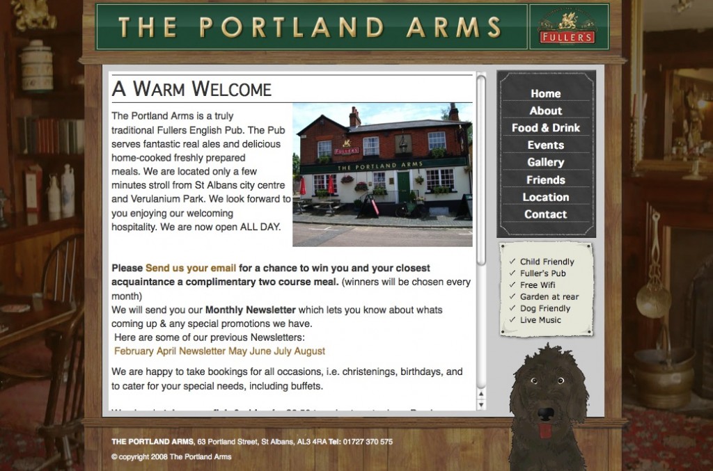 The Portland Arms Pub website screenshot