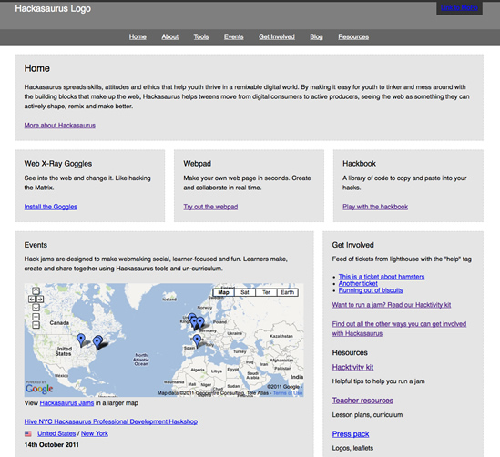 A screenshot of the Hackasaurus website prototype
